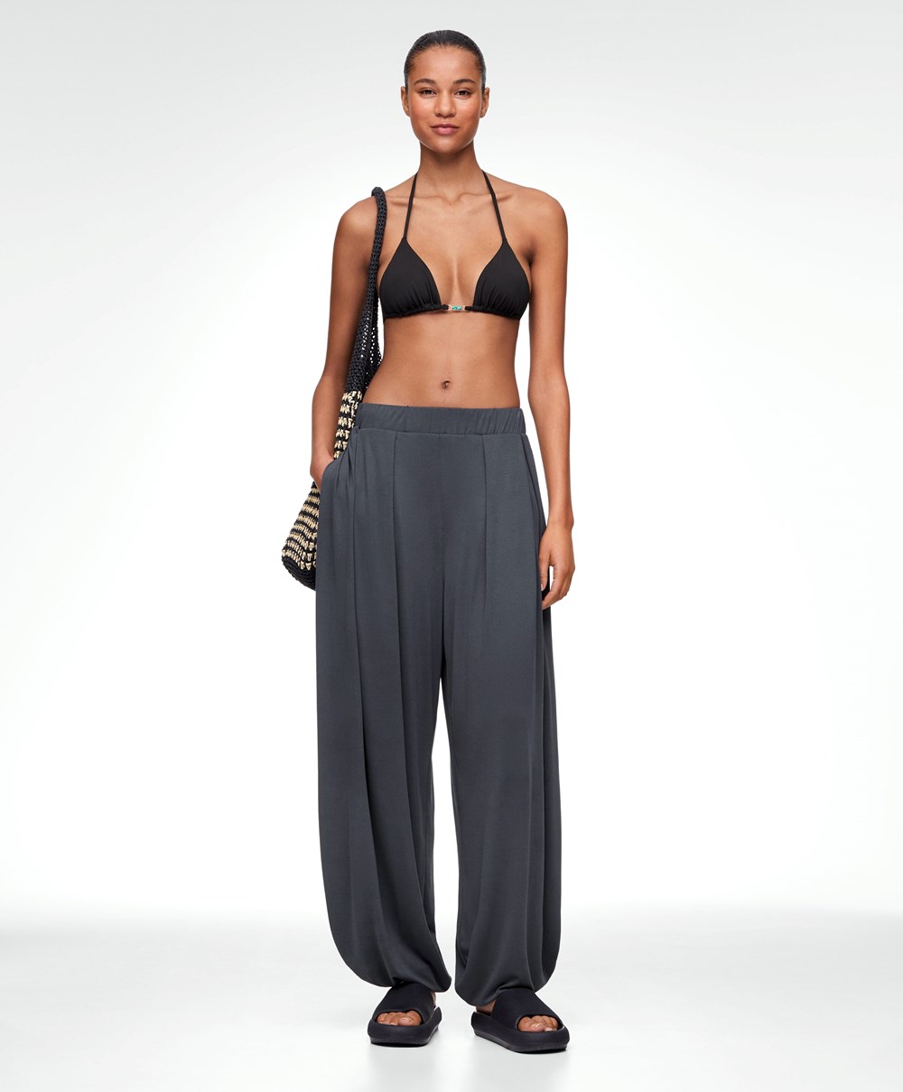 Anthracite Oysho Wide-leg Draped Modal Trousers | DHMK92674