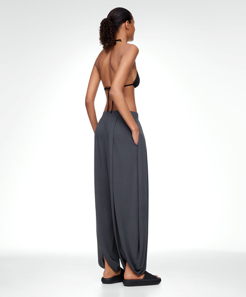 Anthracite Oysho Wide-leg Draped Modal Trousers | DHMK92674