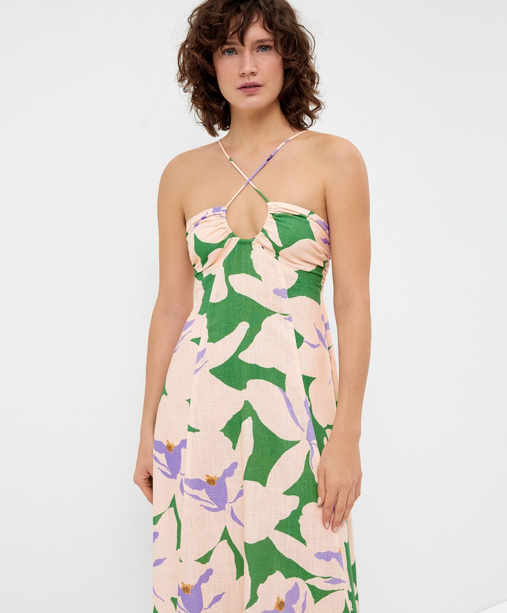 Apple Green Oysho Floral Linen Strappy Long Dress | FPWD82609