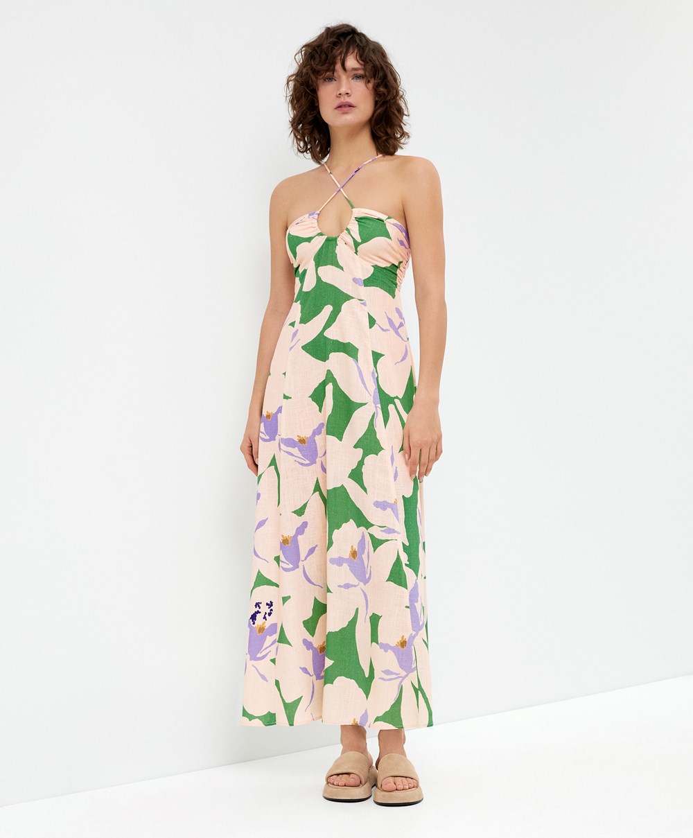 Apple Green Oysho Floral Linen Strappy Long Dress | FPWD82609