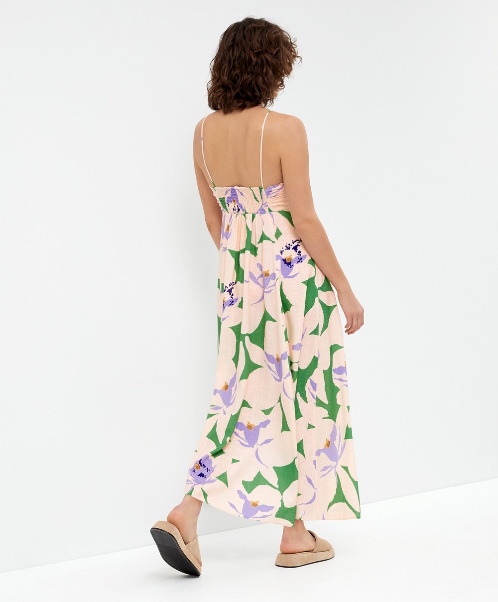 Apple Green Oysho Floral Linen Strappy Long Dress | FPWD82609