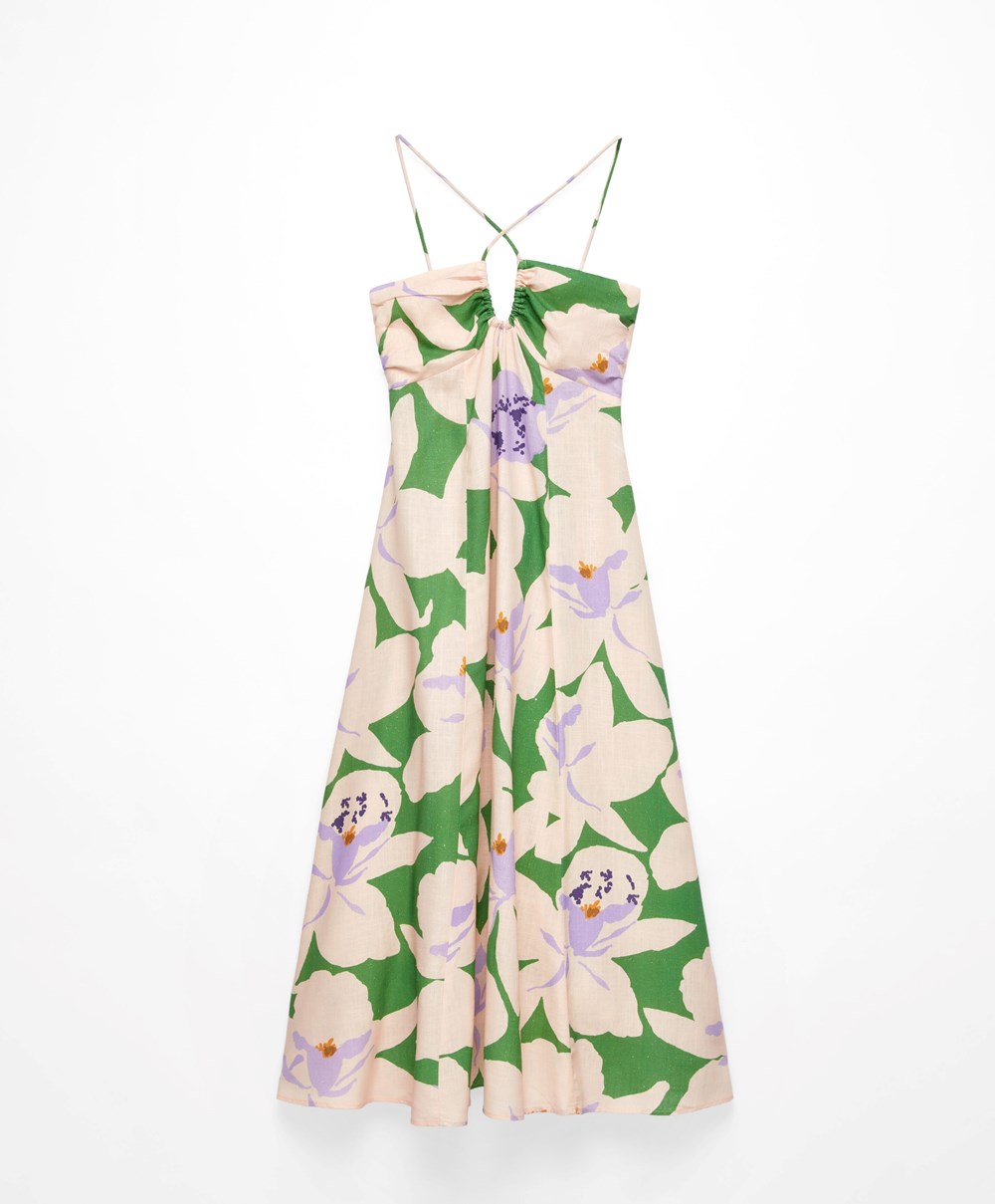 Apple Green Oysho Floral Linen Strappy Long Dress | FPWD82609