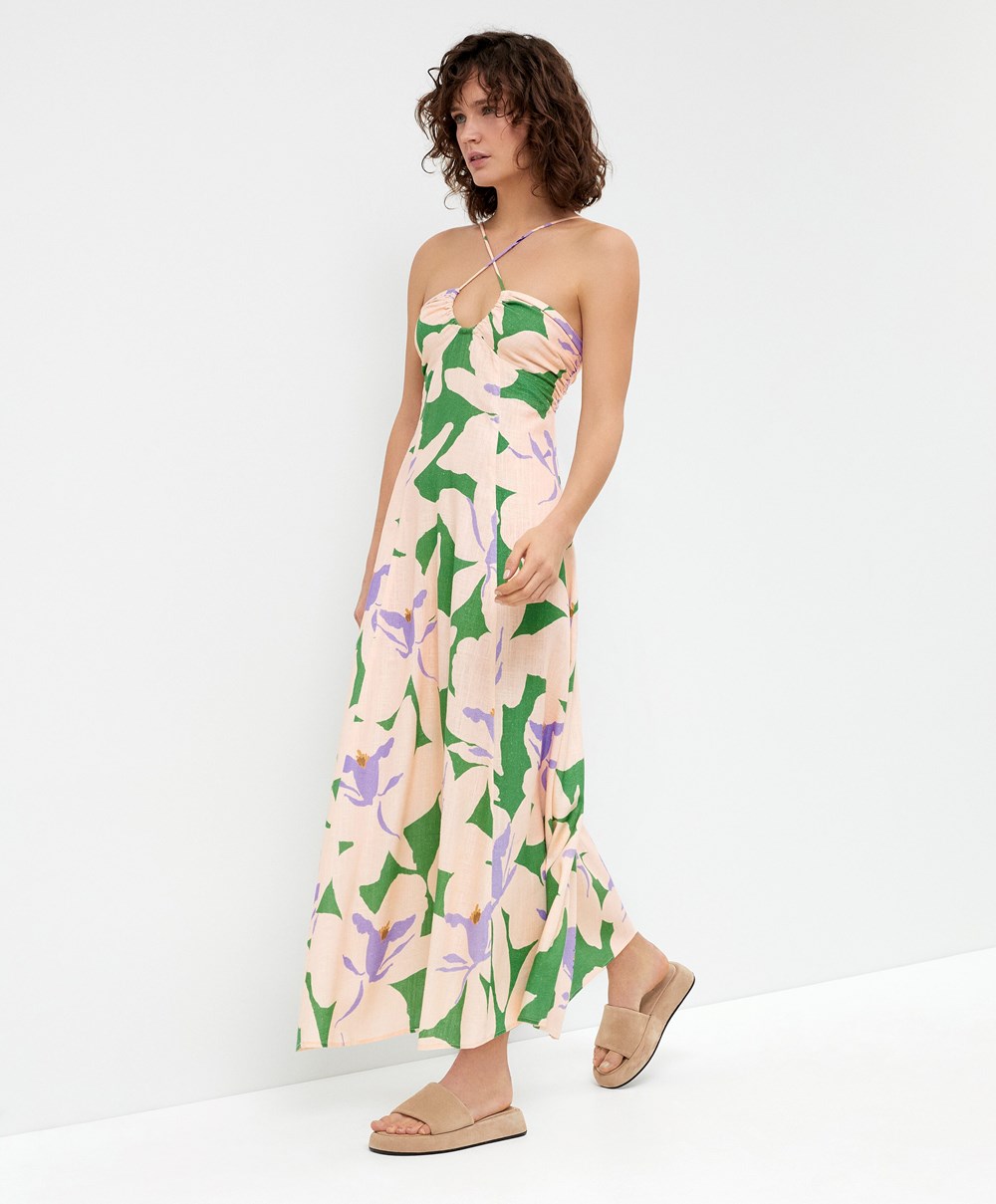 Apple Green Oysho Floral Linen Strappy Long Dress | FPWD82609