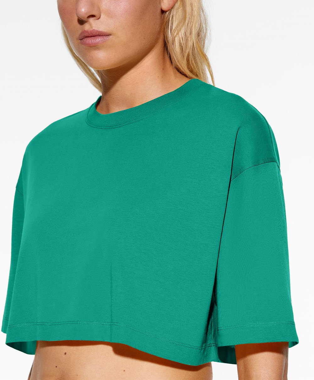 Aqua Green Oysho Washed 100% Cotton Crop T-shirt | OYRG16028