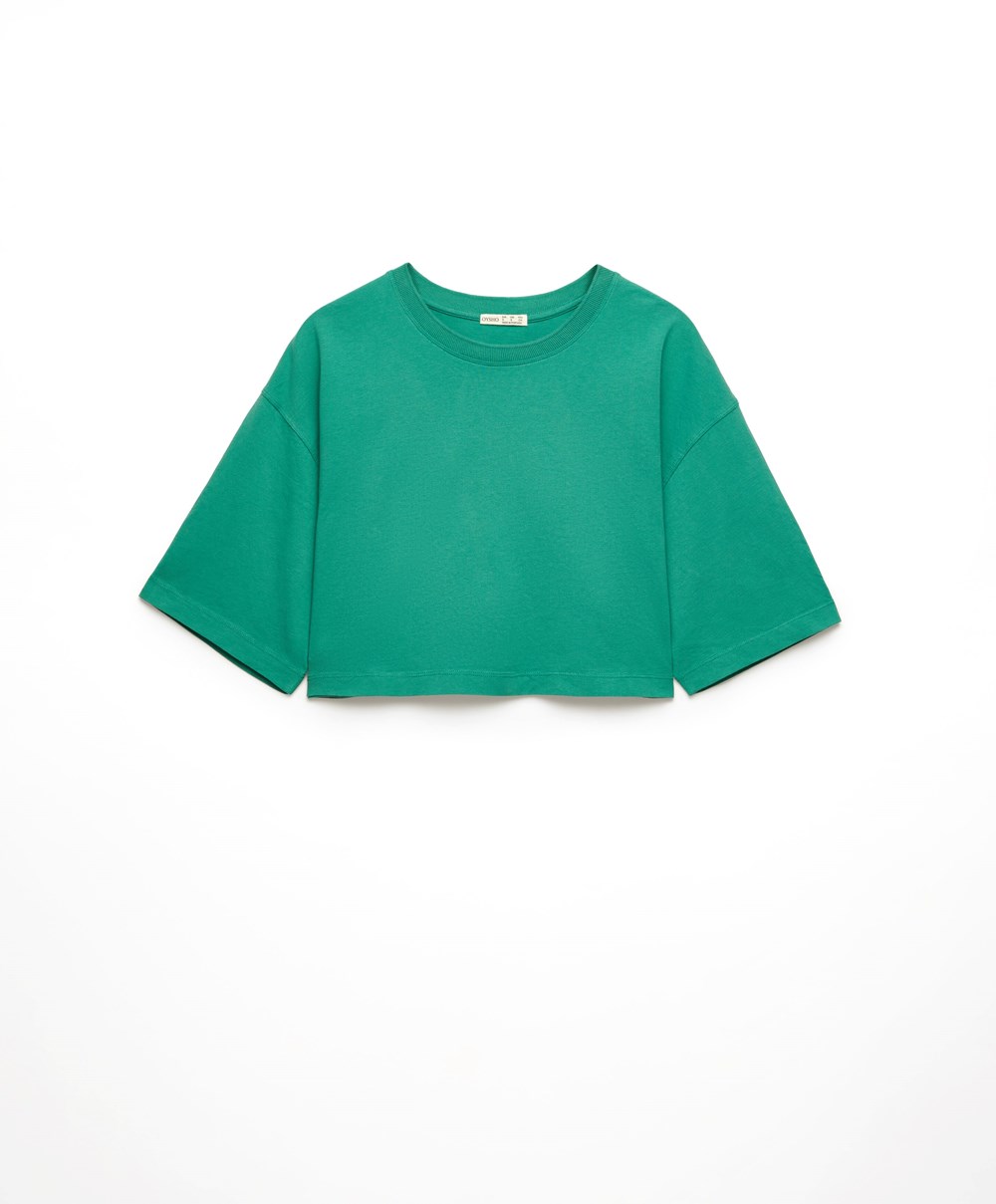 Aqua Green Oysho Washed 100% Cotton Crop T-shirt | OYRG16028