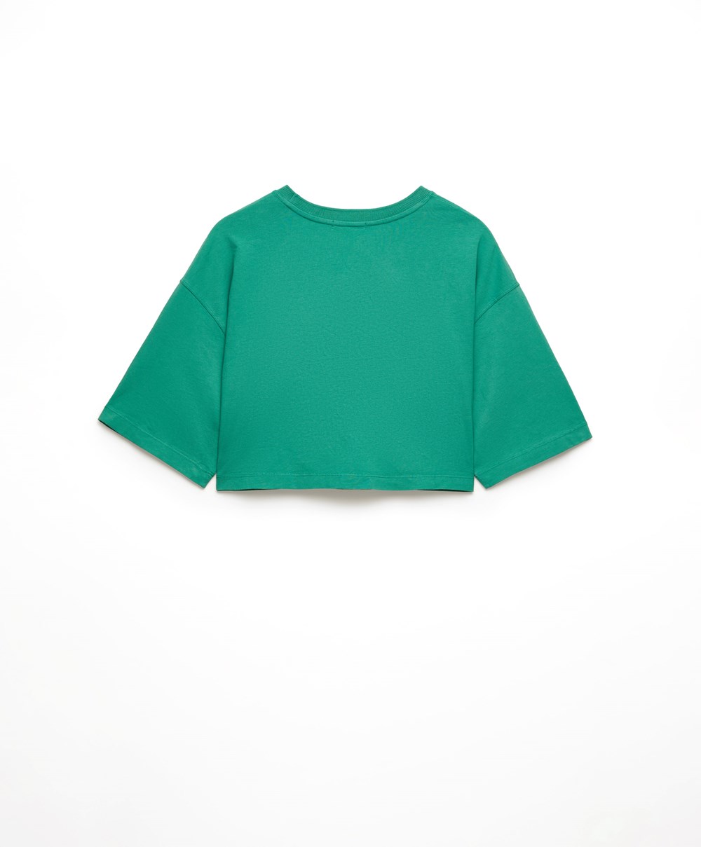 Aqua Green Oysho Washed 100% Cotton Crop T-shirt | OYRG16028