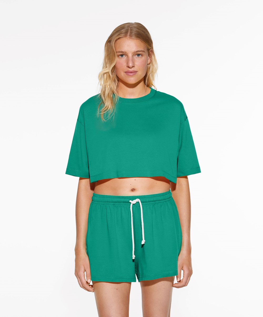 Aqua Green Oysho Washed 100% Cotton Crop T-shirt | OYRG16028