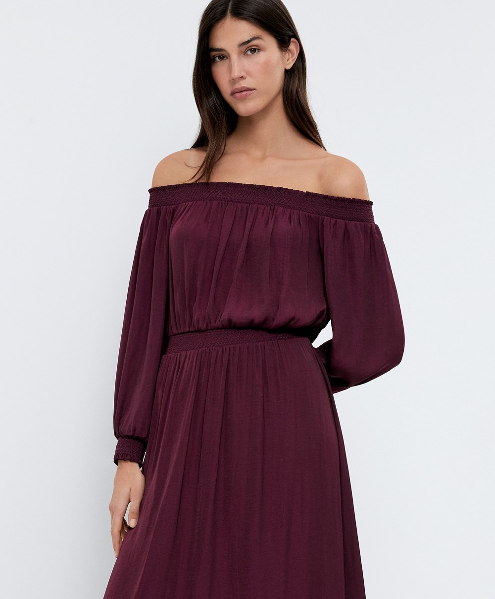 Aubergine Oysho Satin Off-shoulder Long Dress | CLRJ70642