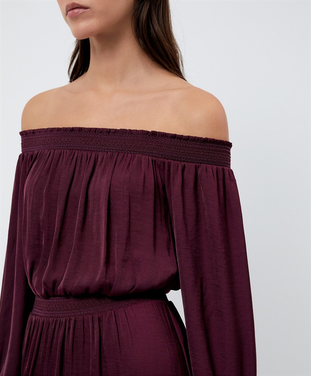 Aubergine Oysho Satin Off-shoulder Long Dress | CLRJ70642