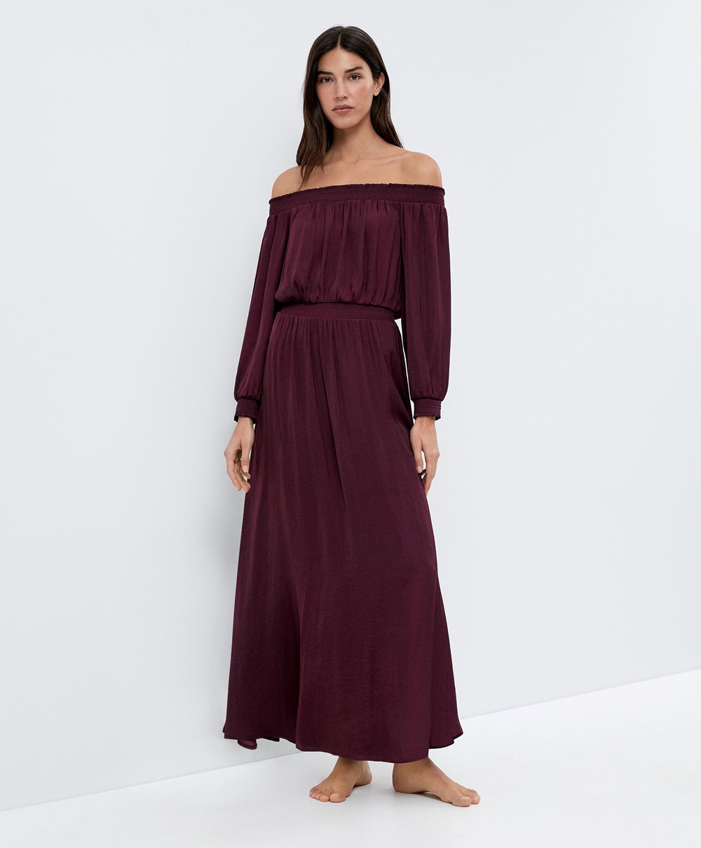 Aubergine Oysho Satin Off-shoulder Long Dress | CLRJ70642