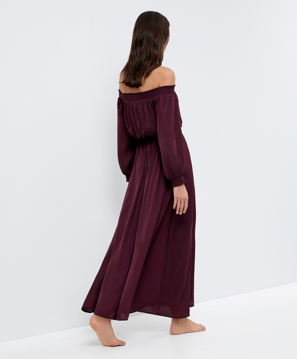 Aubergine Oysho Satin Off-shoulder Long Dress | CLRJ70642