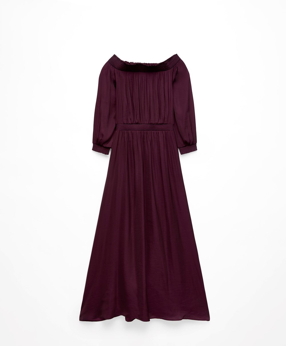 Aubergine Oysho Satin Off-shoulder Long Dress | CLRJ70642