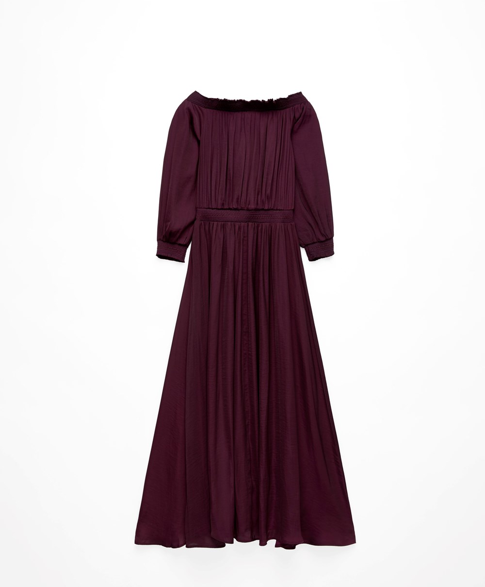 Aubergine Oysho Satin Off-shoulder Long Dress | CLRJ70642