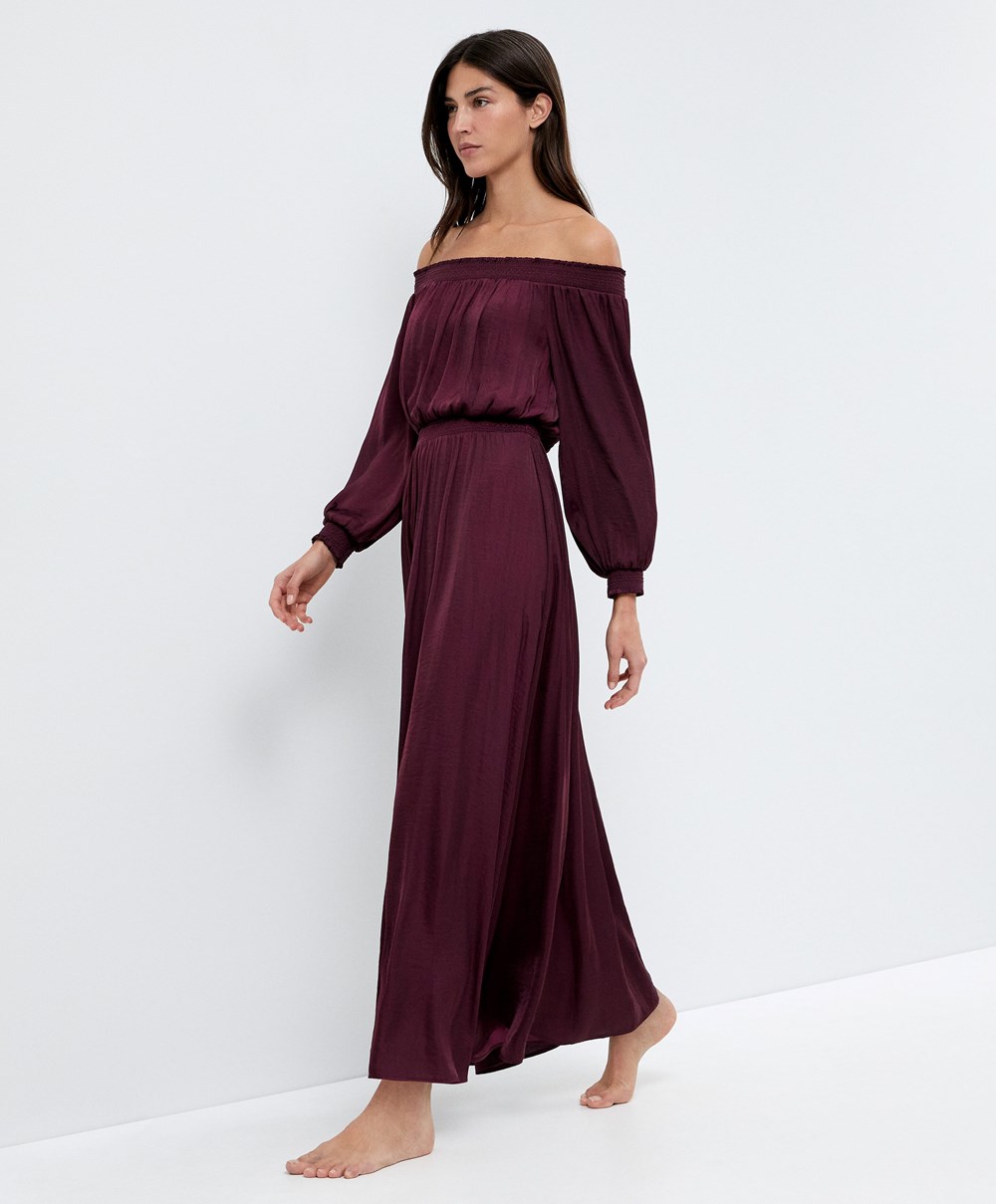 Aubergine Oysho Satin Off-shoulder Long Dress | CLRJ70642