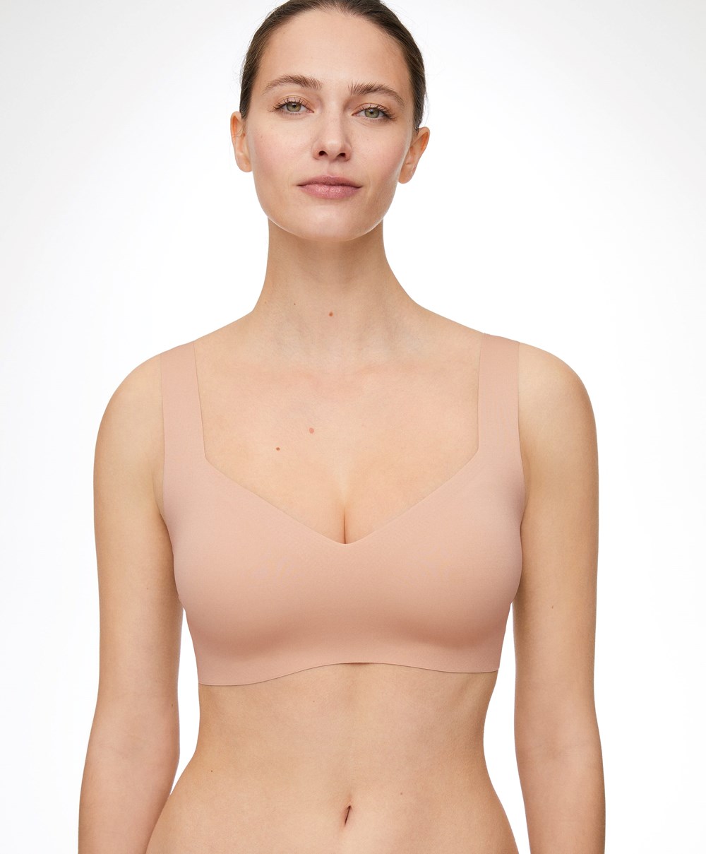 Beige Oysho Invisible Laser-cut V-neck Bra | EXNV67398