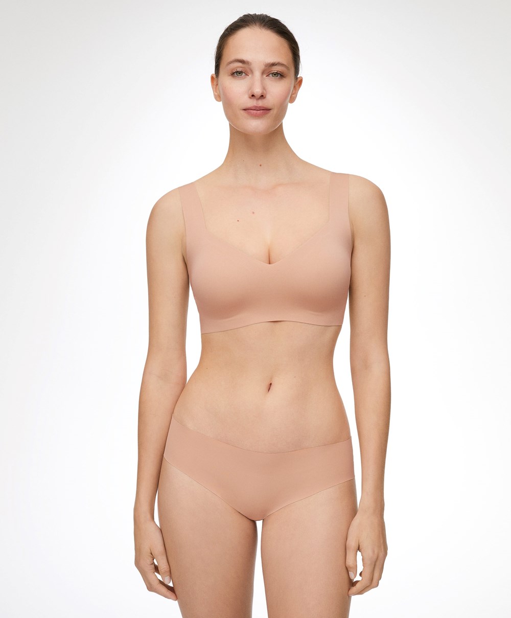 Beige Oysho Invisible Laser-cut V-neck Bra | EXNV67398