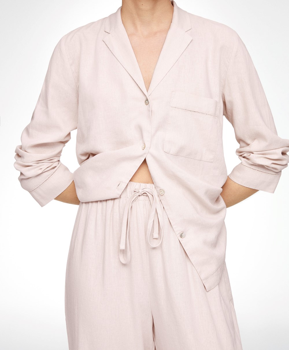 Beige Oysho Long-sleeved Linen Shirt | IQSA95378