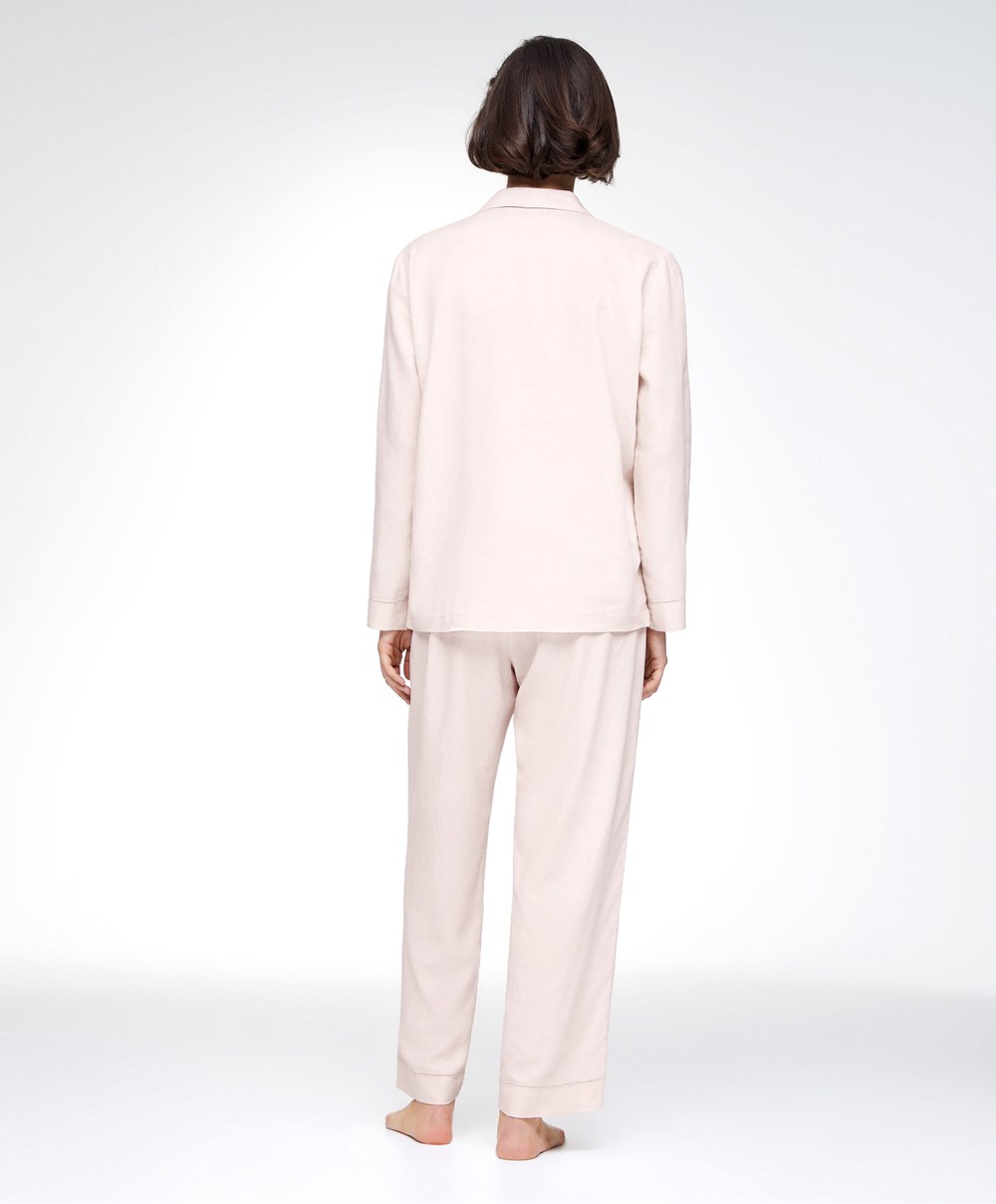 Beige Oysho Long-sleeved Linen Shirt | IQSA95378