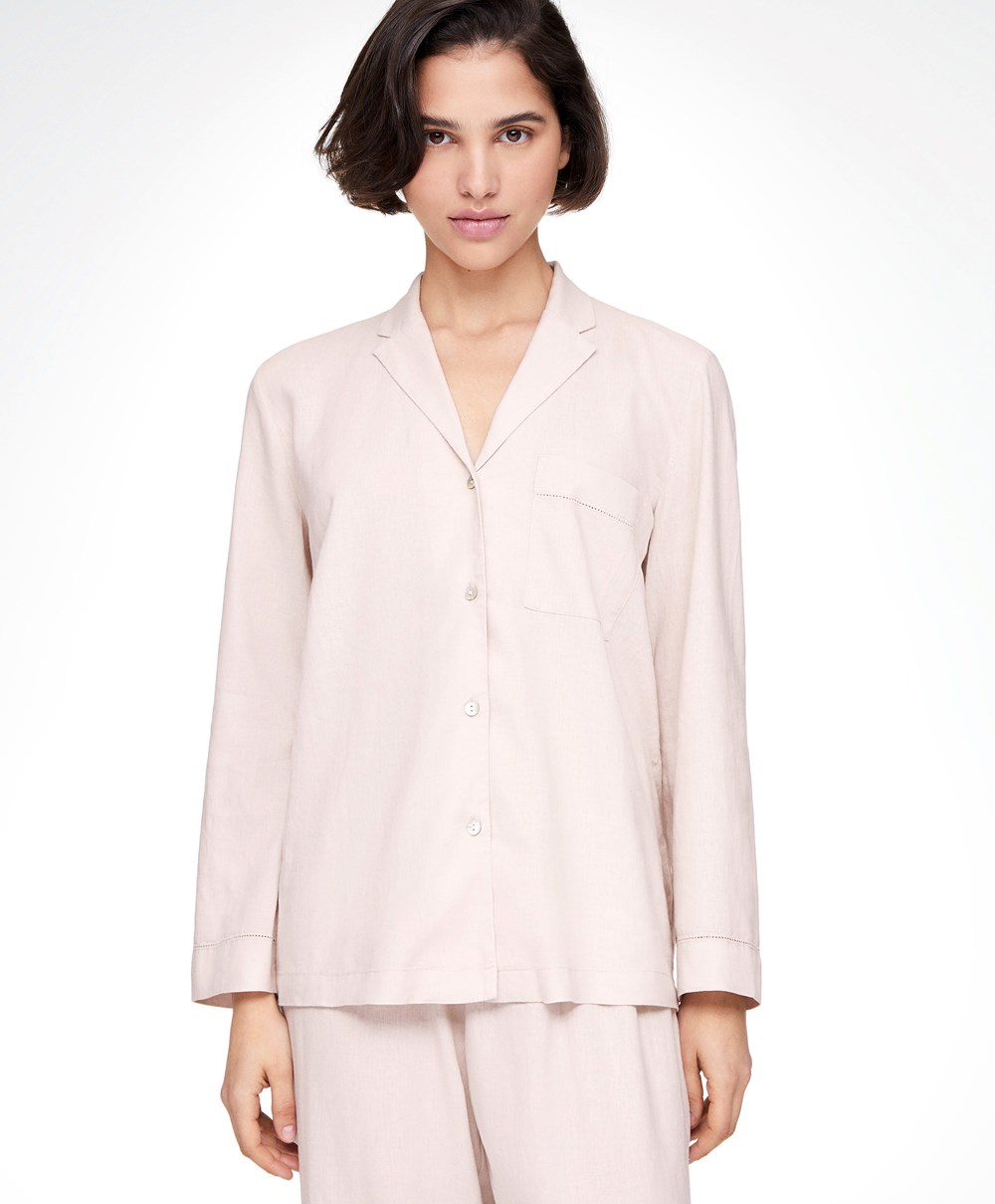 Beige Oysho Long-sleeved Linen Shirt | IQSA95378