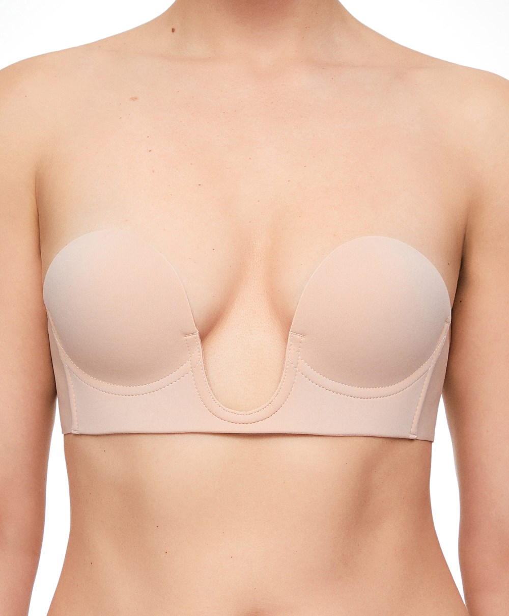 Beige Oysho U-neck Fabric Adhesive Bra | LDJK10987