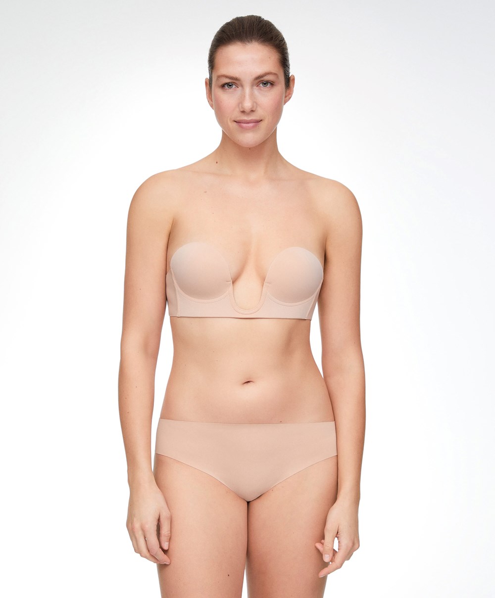 Beige Oysho U-neck Fabric Adhesive Bra | LDJK10987