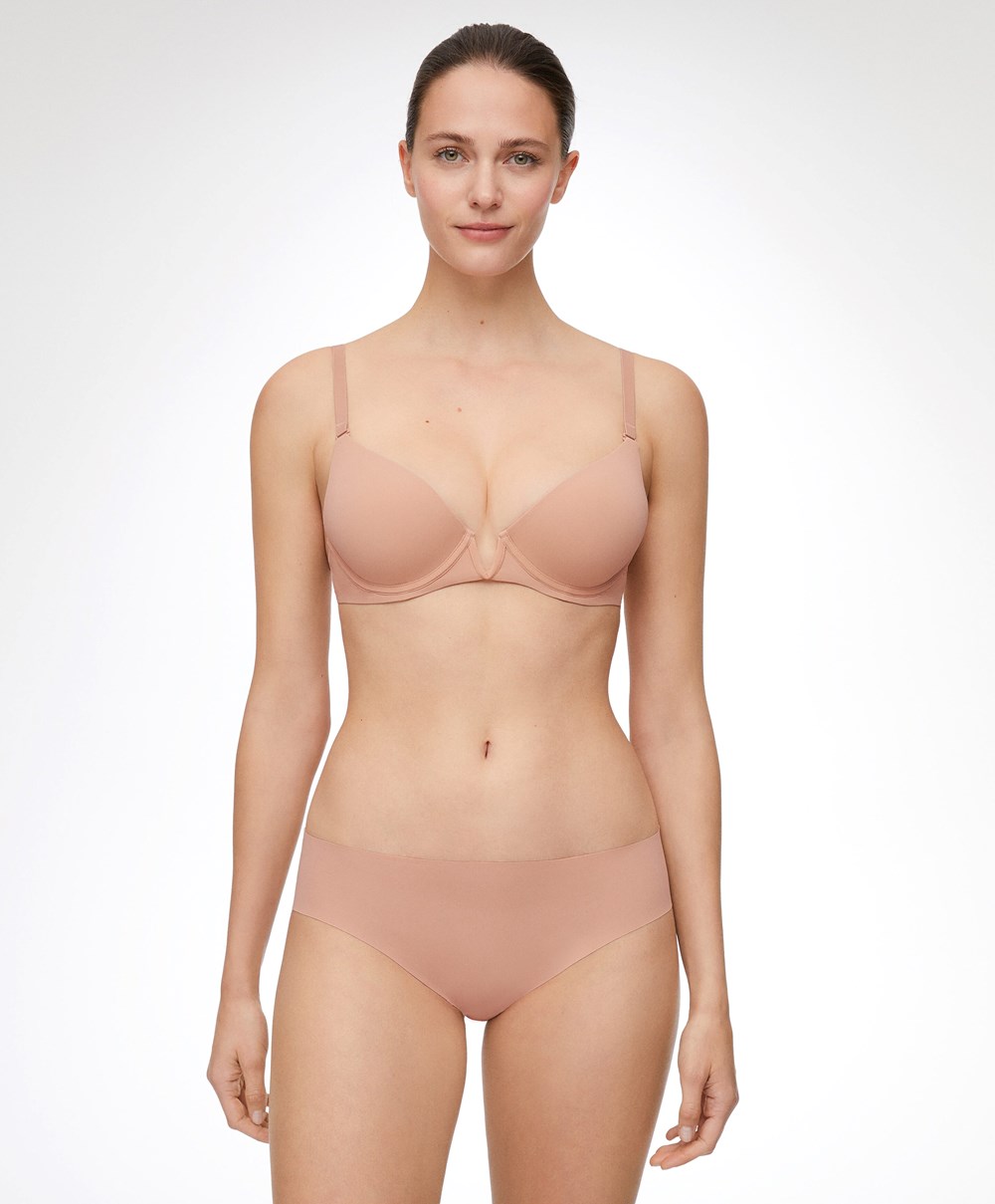 Beige Oysho V-neck Multiway Push-up Bra | FMNK76821