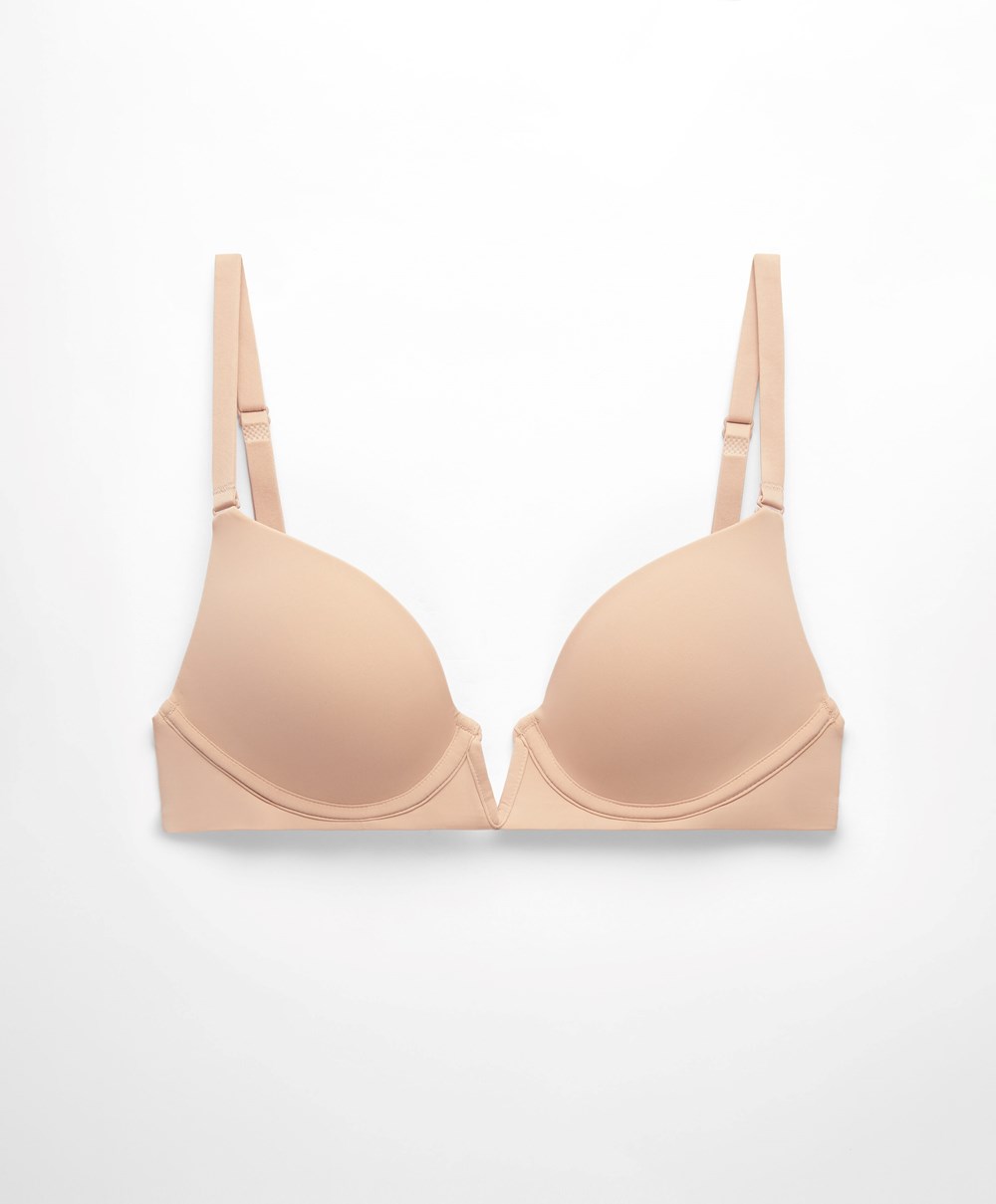 Beige Oysho V-neck Multiway Push-up Bra | FMNK76821