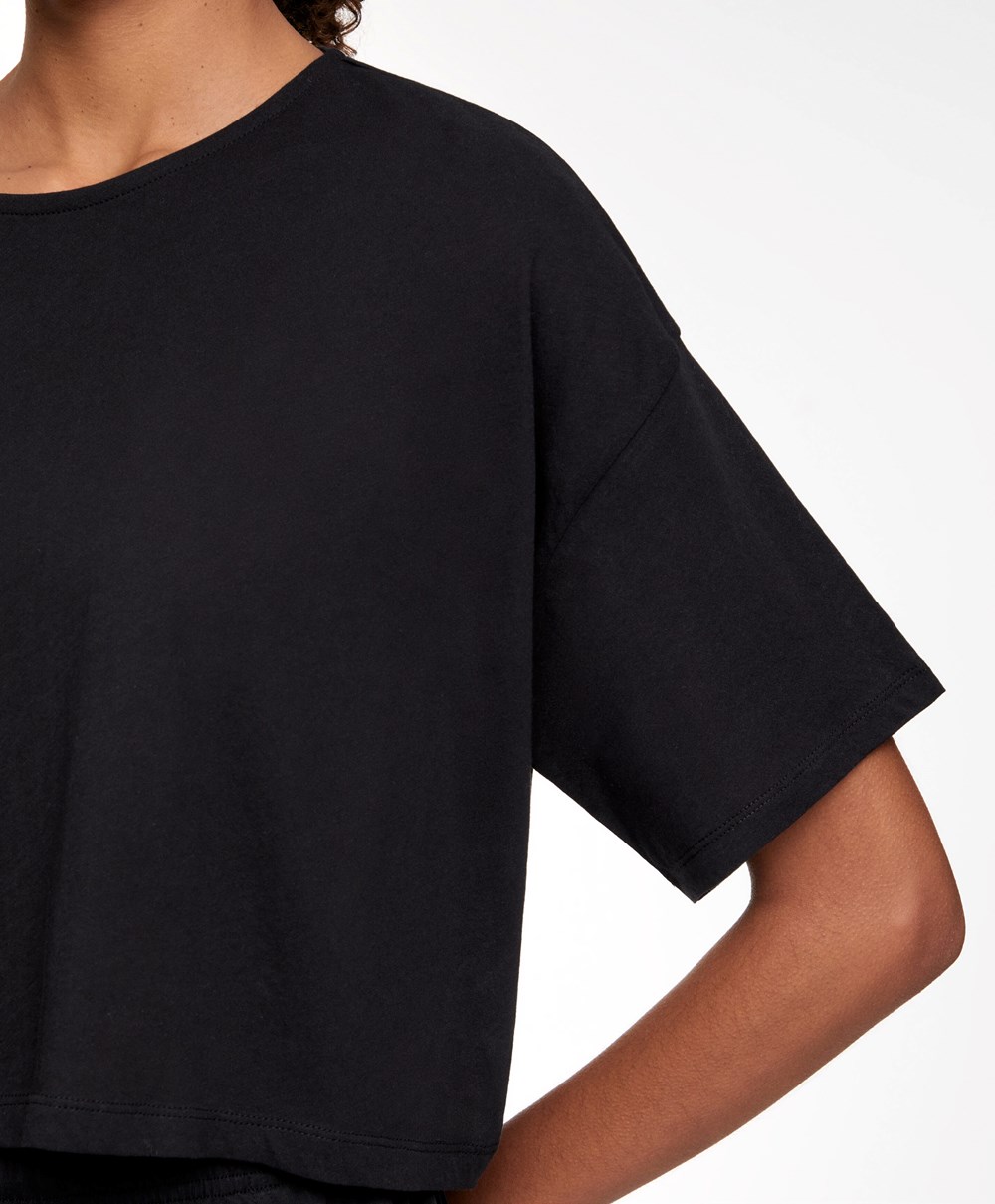 Black Oysho 100% Cotton Cropped Short-sleeved T-shirt | KNJA79682