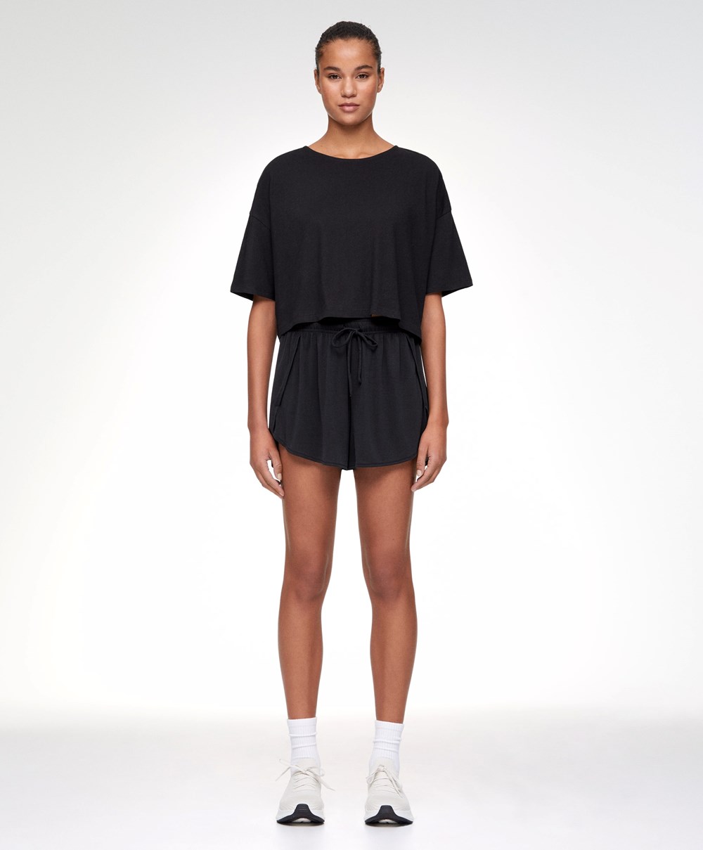 Black Oysho 100% Cotton Cropped Short-sleeved T-shirt | KNJA79682