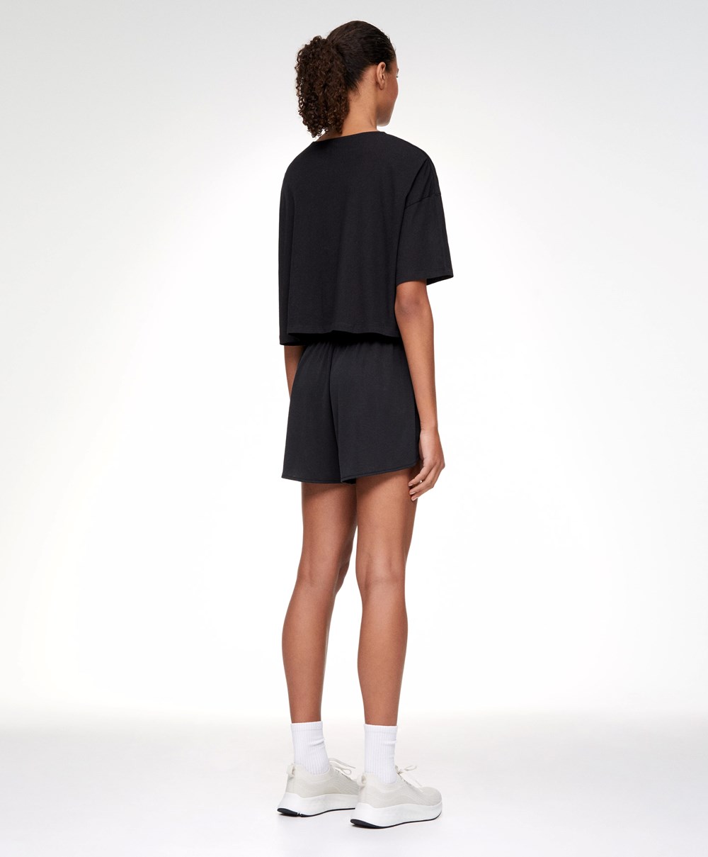 Black Oysho 100% Cotton Cropped Short-sleeved T-shirt | KNJA79682