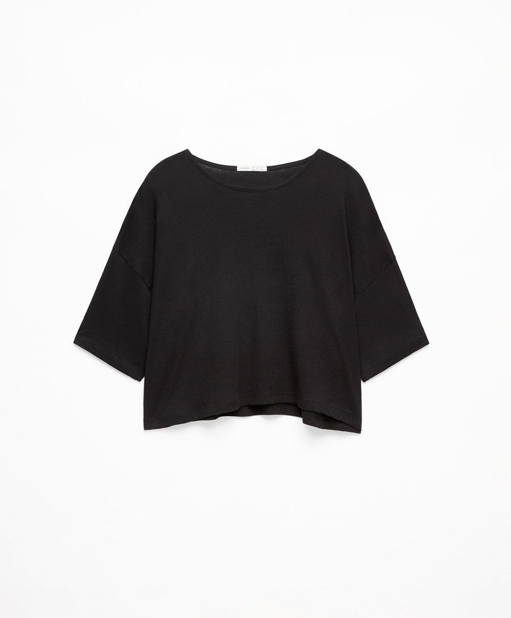 Black Oysho 100% Cotton Cropped Short-sleeved T-shirt | KNJA79682