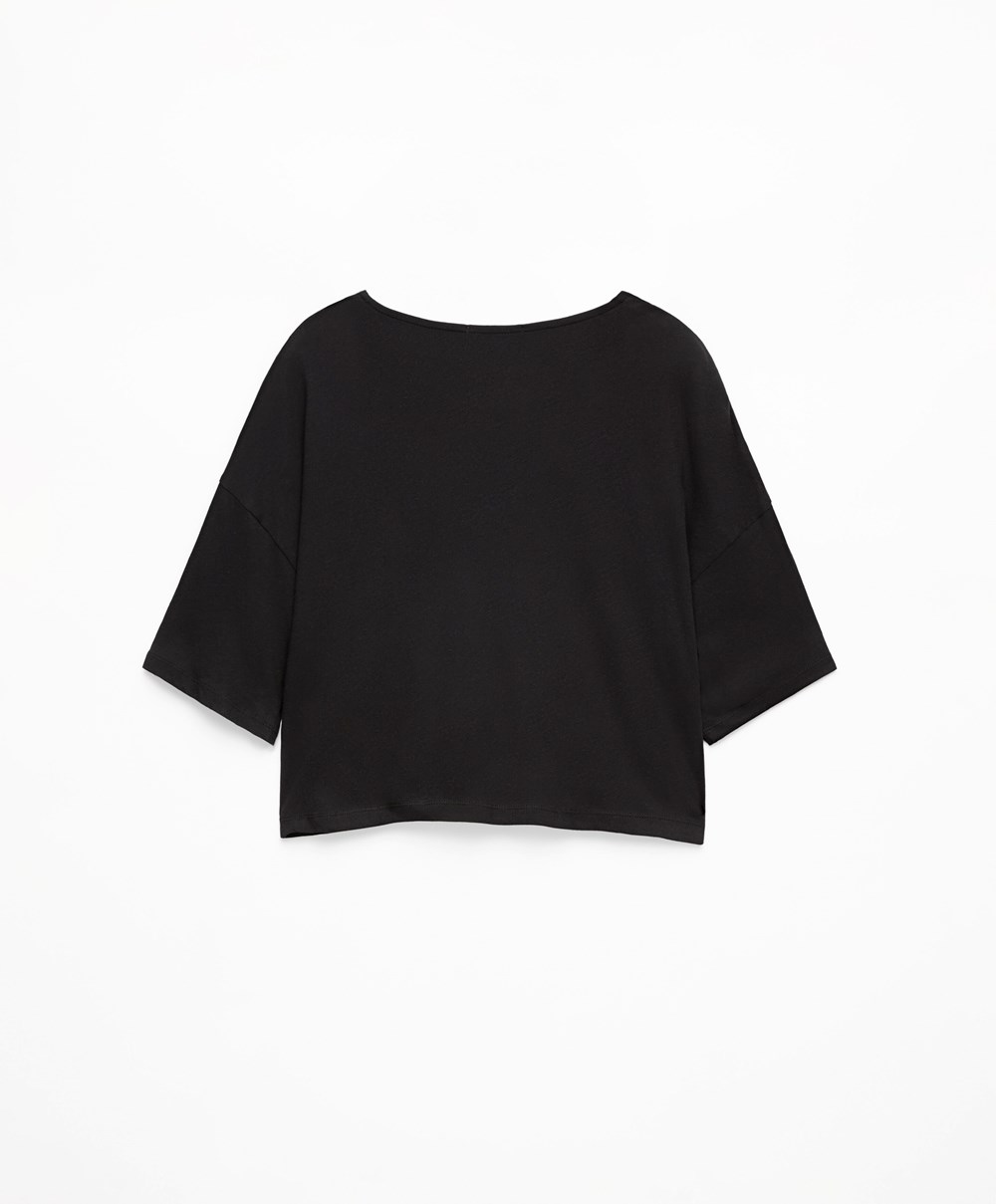 Black Oysho 100% Cotton Cropped Short-sleeved T-shirt | KNJA79682