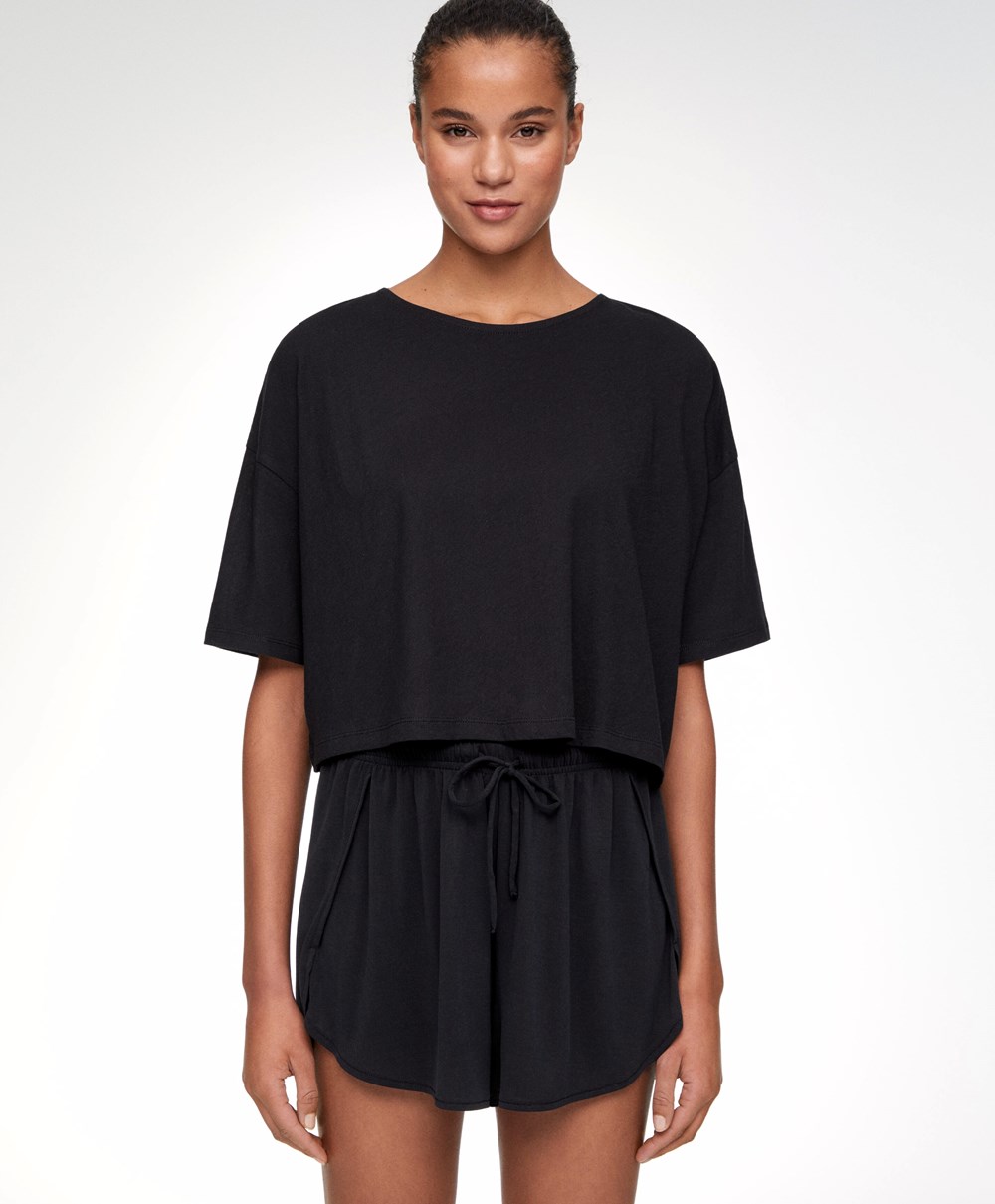 Black Oysho 100% Cotton Cropped Short-sleeved T-shirt | TSJQ85703