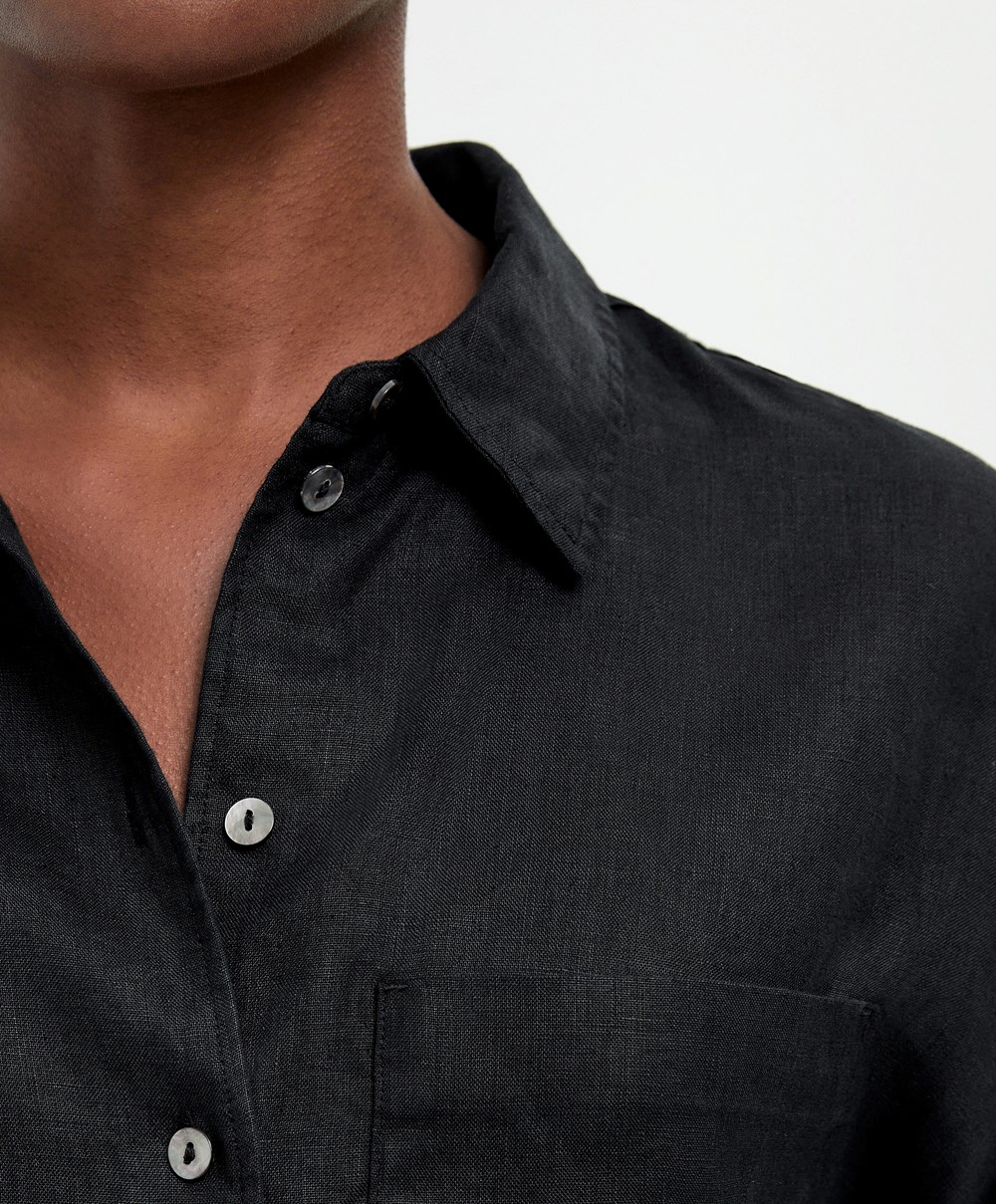 Black Oysho 100% Linen Long-sleeved Shirt | KJYD02835