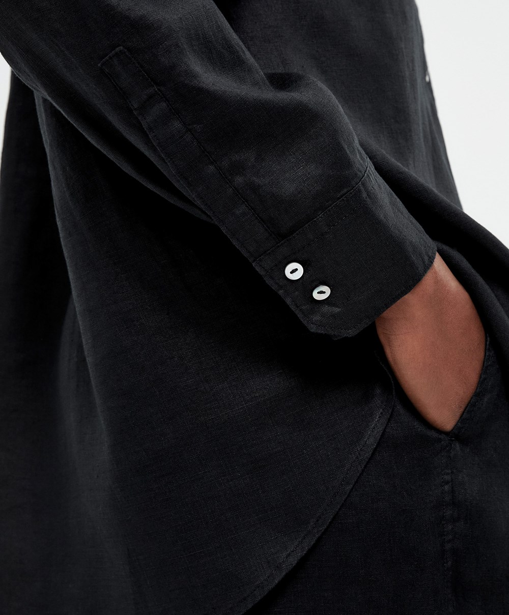 Black Oysho 100% Linen Long-sleeved Shirt | KJYD02835