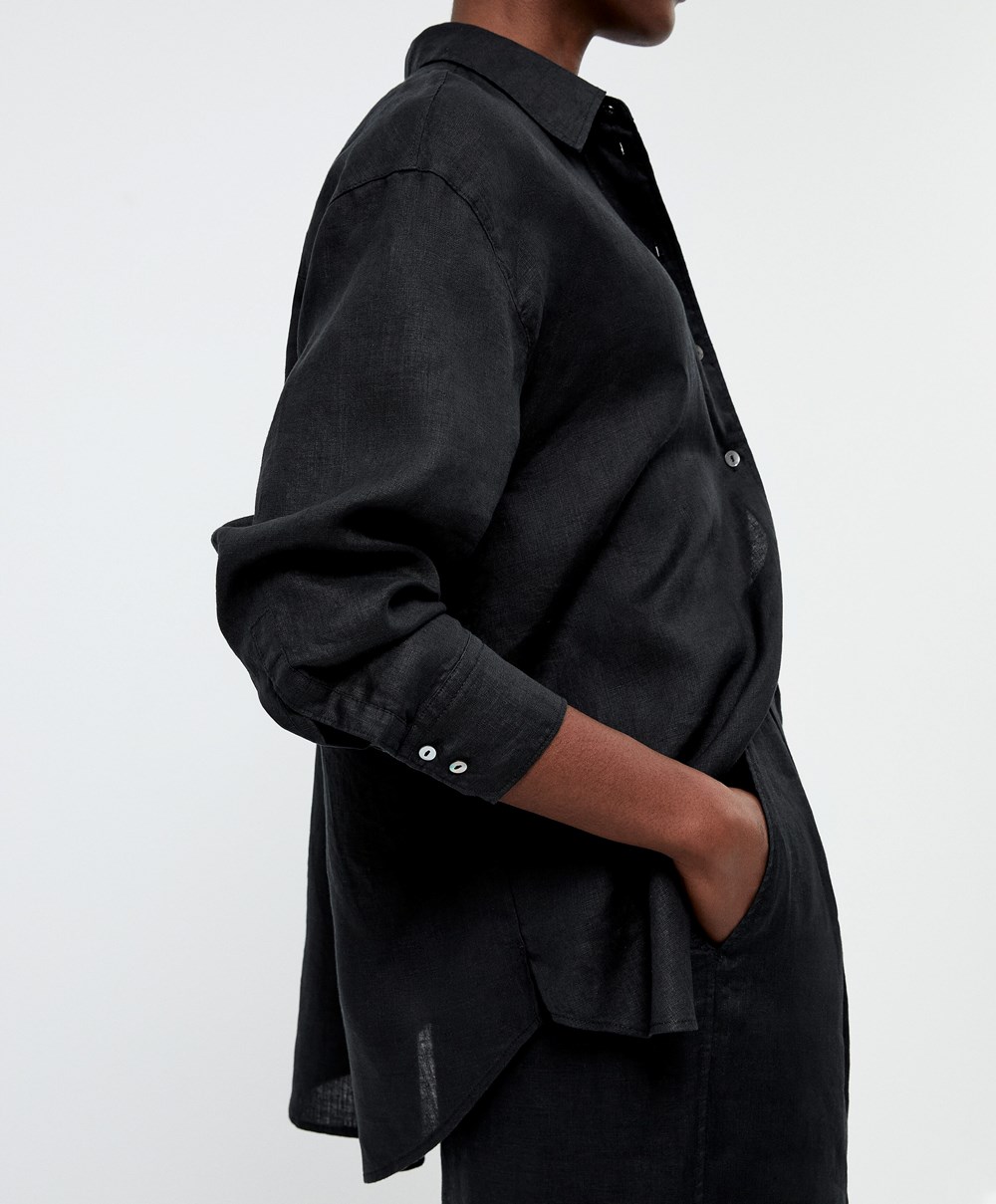 Black Oysho 100% Linen Long-sleeved Shirt | KJYD02835