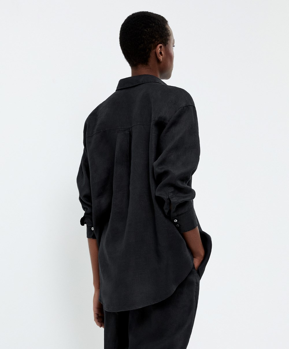 Black Oysho 100% Linen Long-sleeved Shirt | KJYD02835