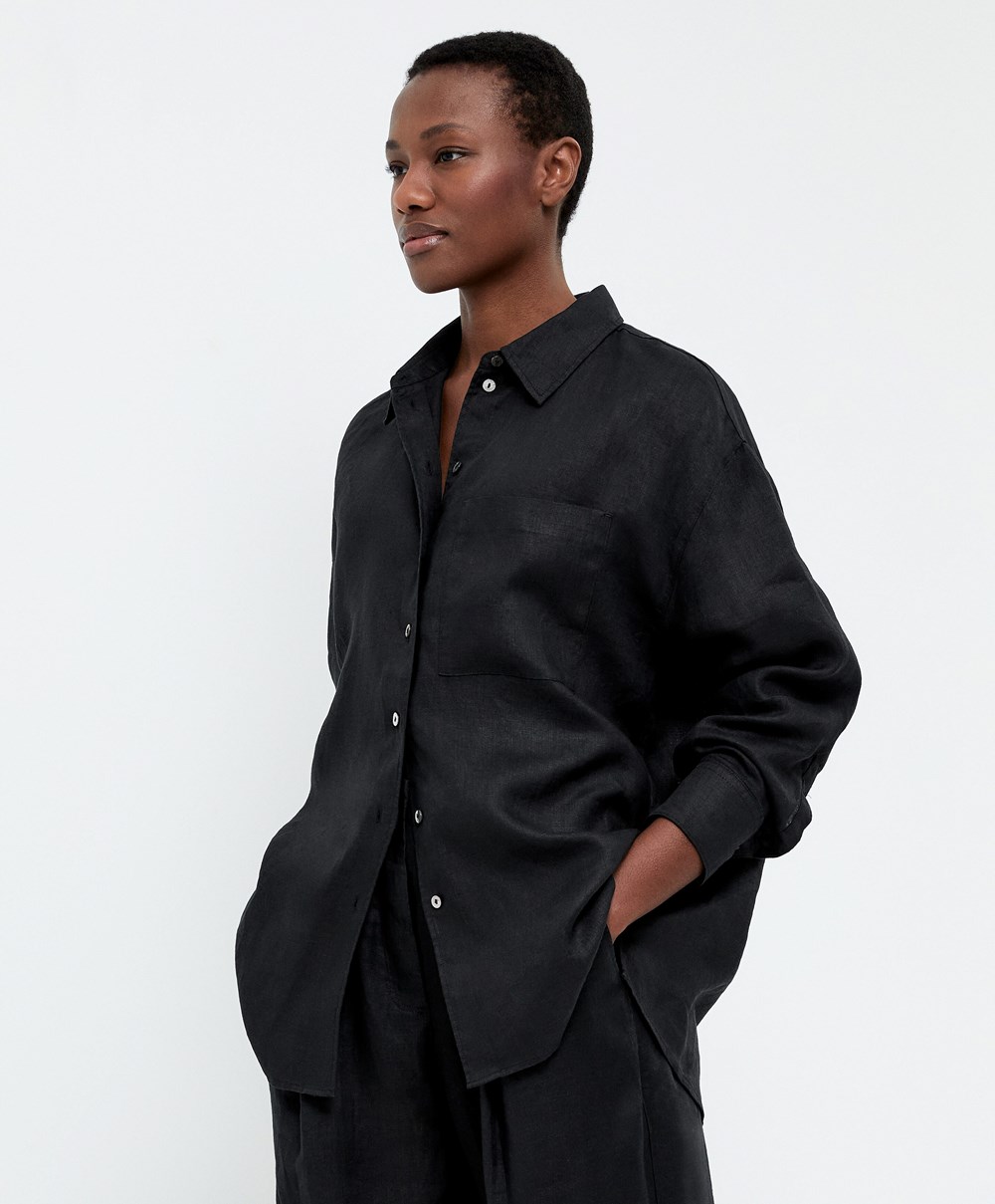 Black Oysho 100% Linen Long-sleeved Shirt | KJYD02835