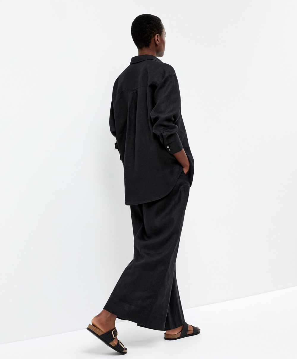 Black Oysho 100% Linen Long-sleeved Shirt | KJYD02835