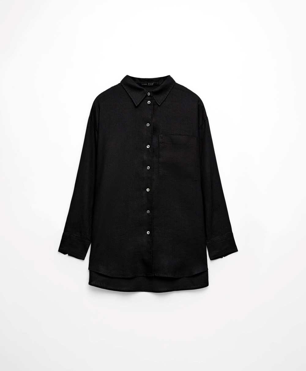 Black Oysho 100% Linen Long-sleeved Shirt | KJYD02835