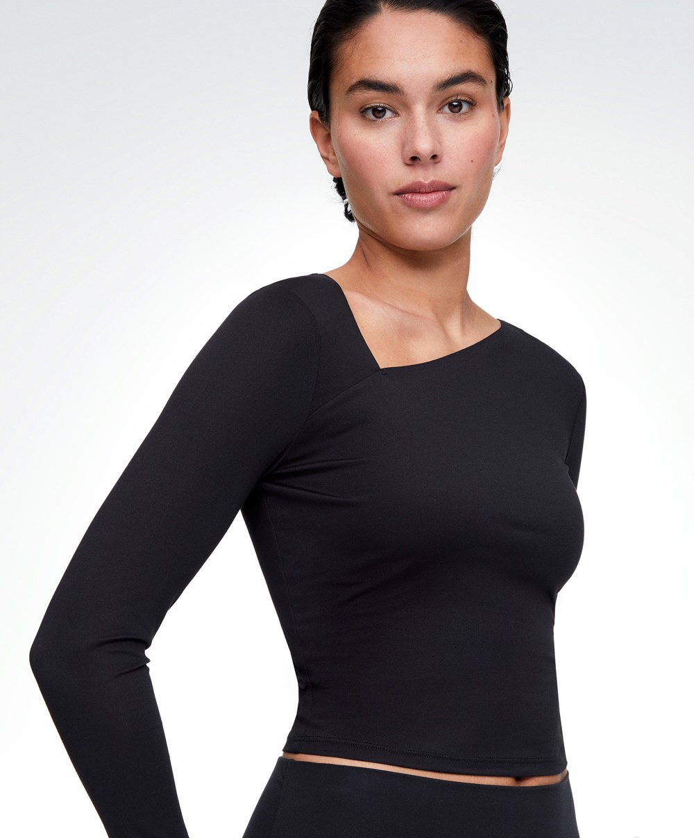 Black Oysho Asymmetrical Neckline Top | YILF08369