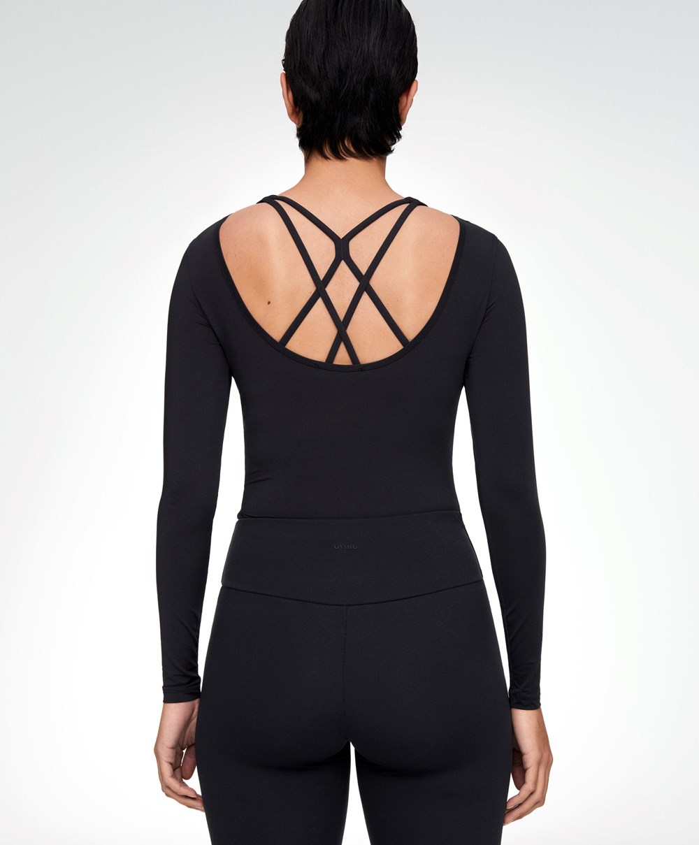 Black Oysho Back Detail Long-sleeved T-shirt | DABJ28140