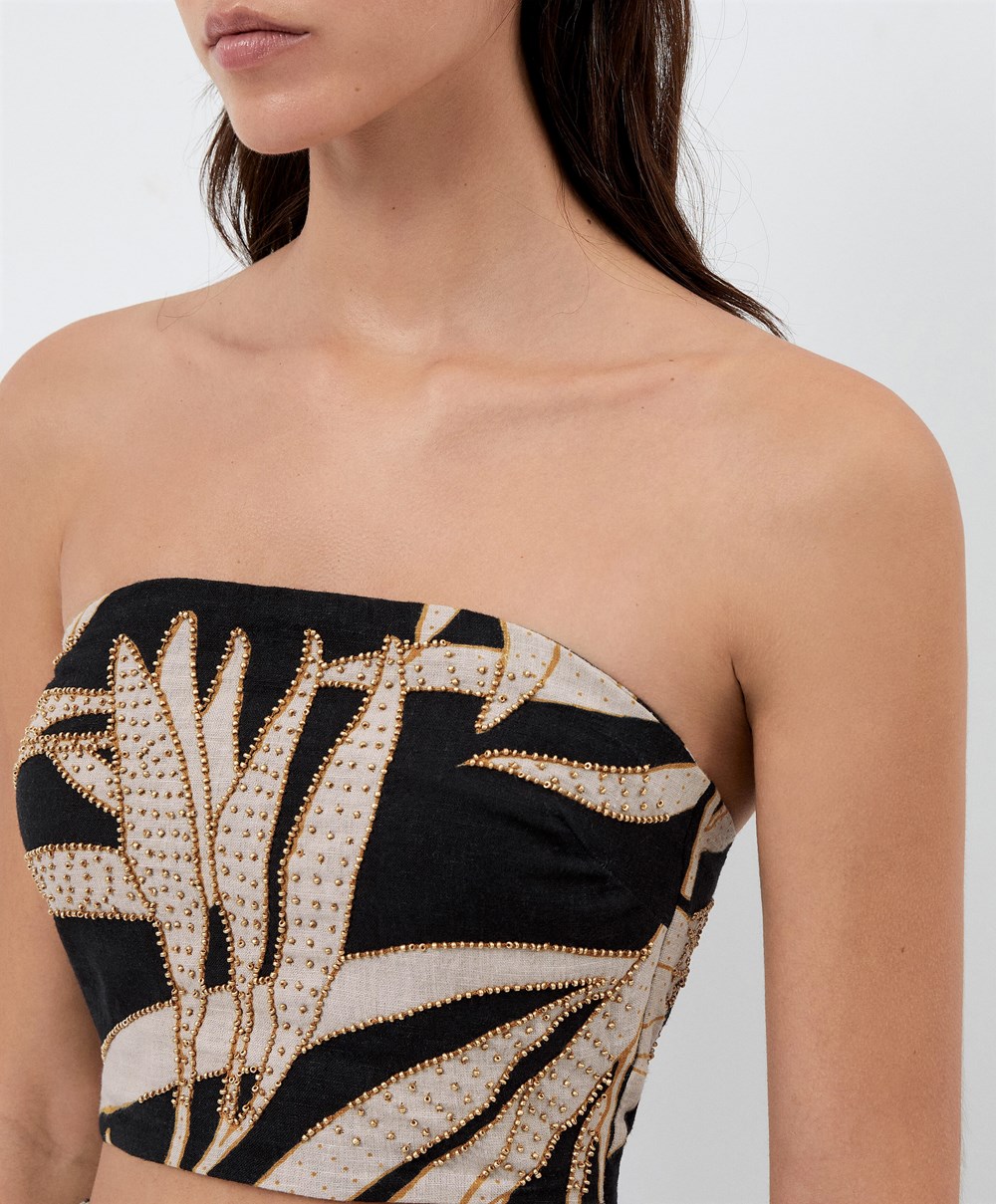 Black Oysho Beaded Linen Bandeau Top | YNWF54318