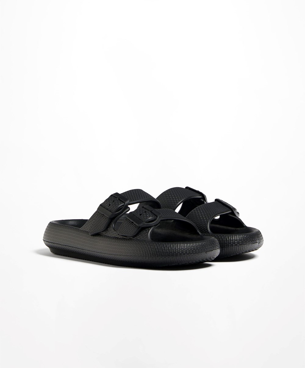 Black Oysho Buckle Moulded Beachwear Platforms | VNMD42659