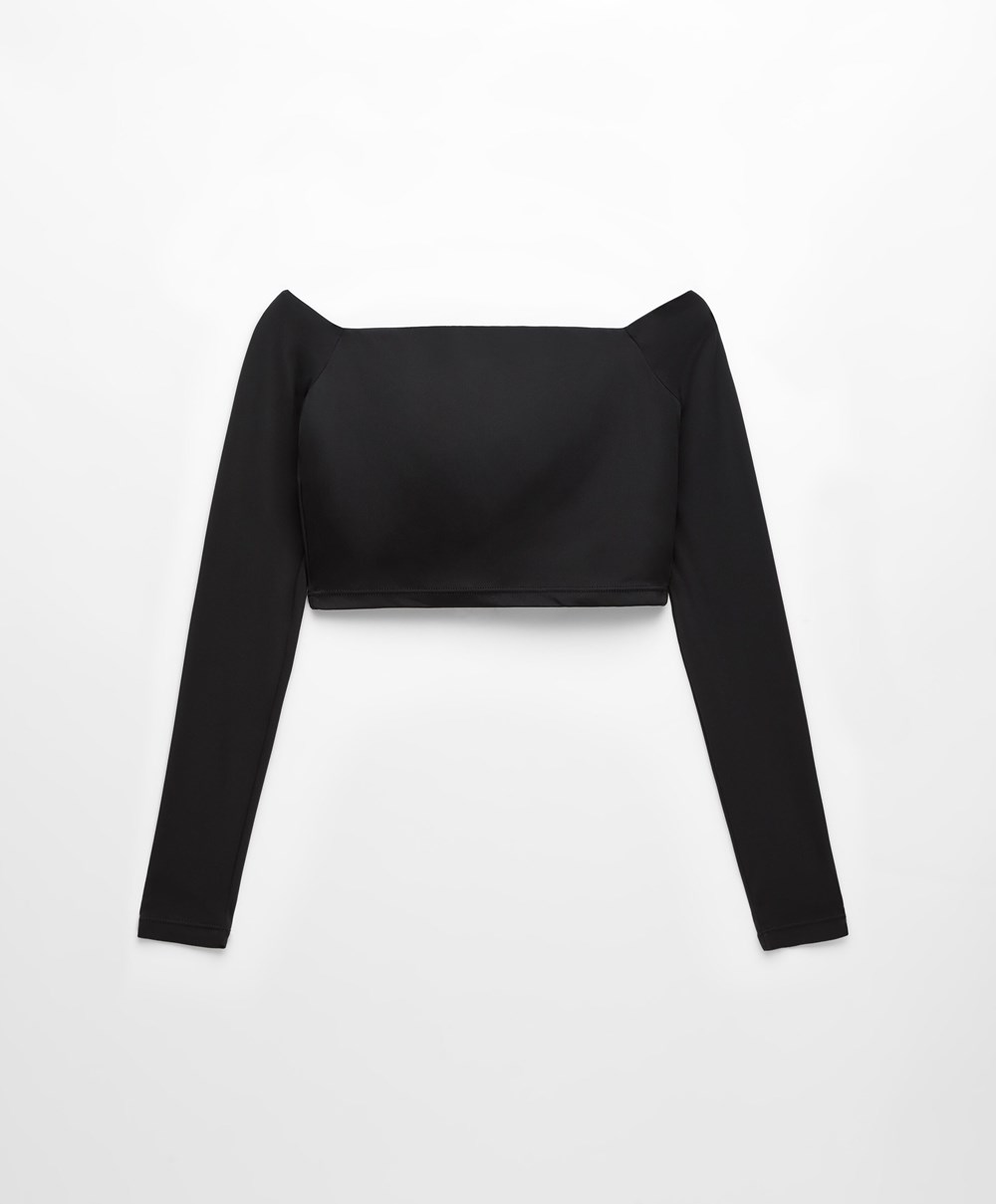 Black Oysho Comfortlux Off-the-shoulder Top With Cups | PQZH20698