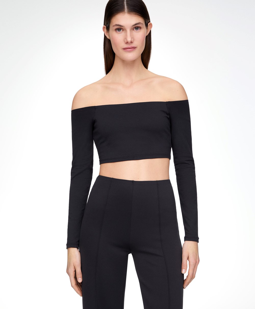 Black Oysho Comfortlux Off-the-shoulder Top With Cups | PQZH20698