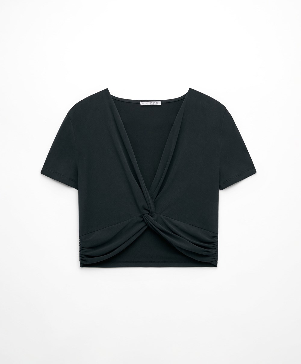 Black Oysho Crop Modal Knot T-shirt | OPUH84619