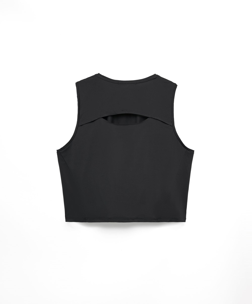 Black Oysho Cropped Microperforated Technical Sleeveless T-shirt | DSQC41067