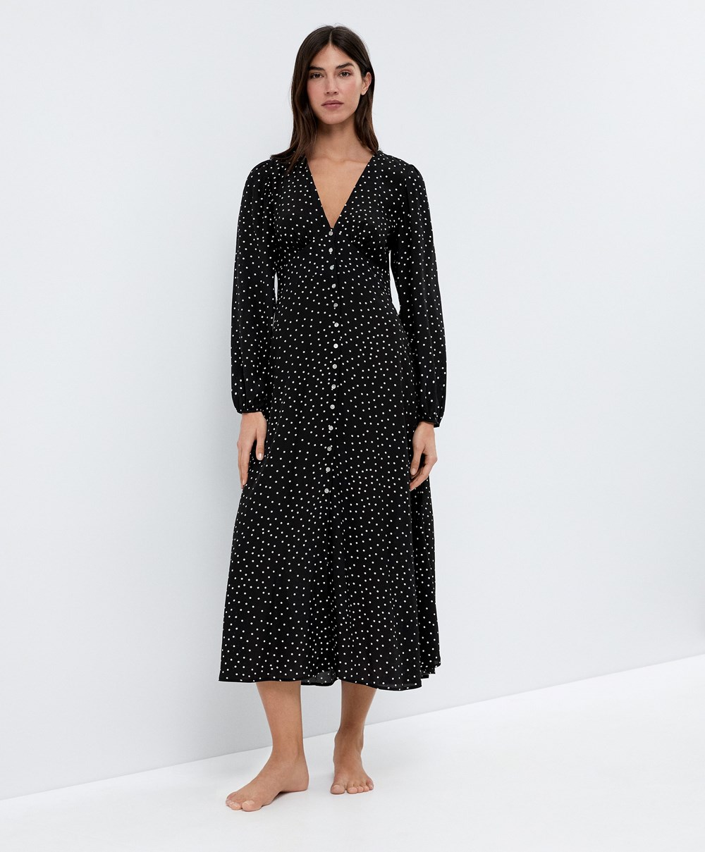 Black Oysho Dotted Long-sleeved Long Dress | OPMN62807