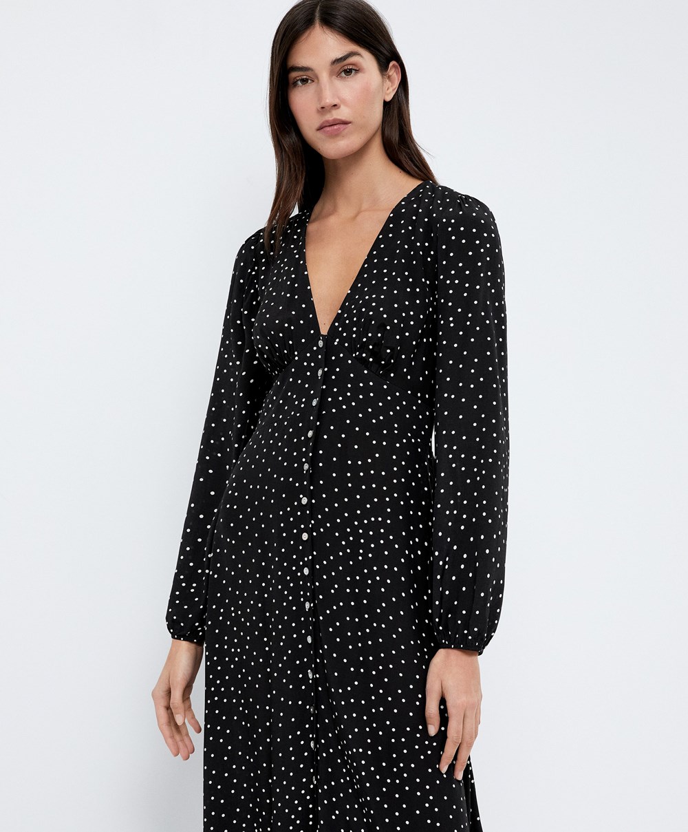 Black Oysho Dotted Long-sleeved Long Dress | OPMN62807